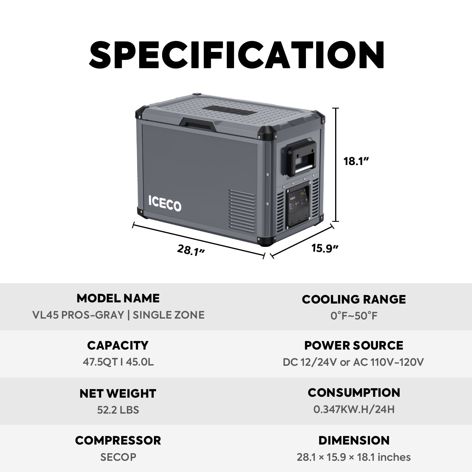 47.5QT VL45ProD-Gray Dual Zone Upgrade Portable Fridge Freezer | ICECO