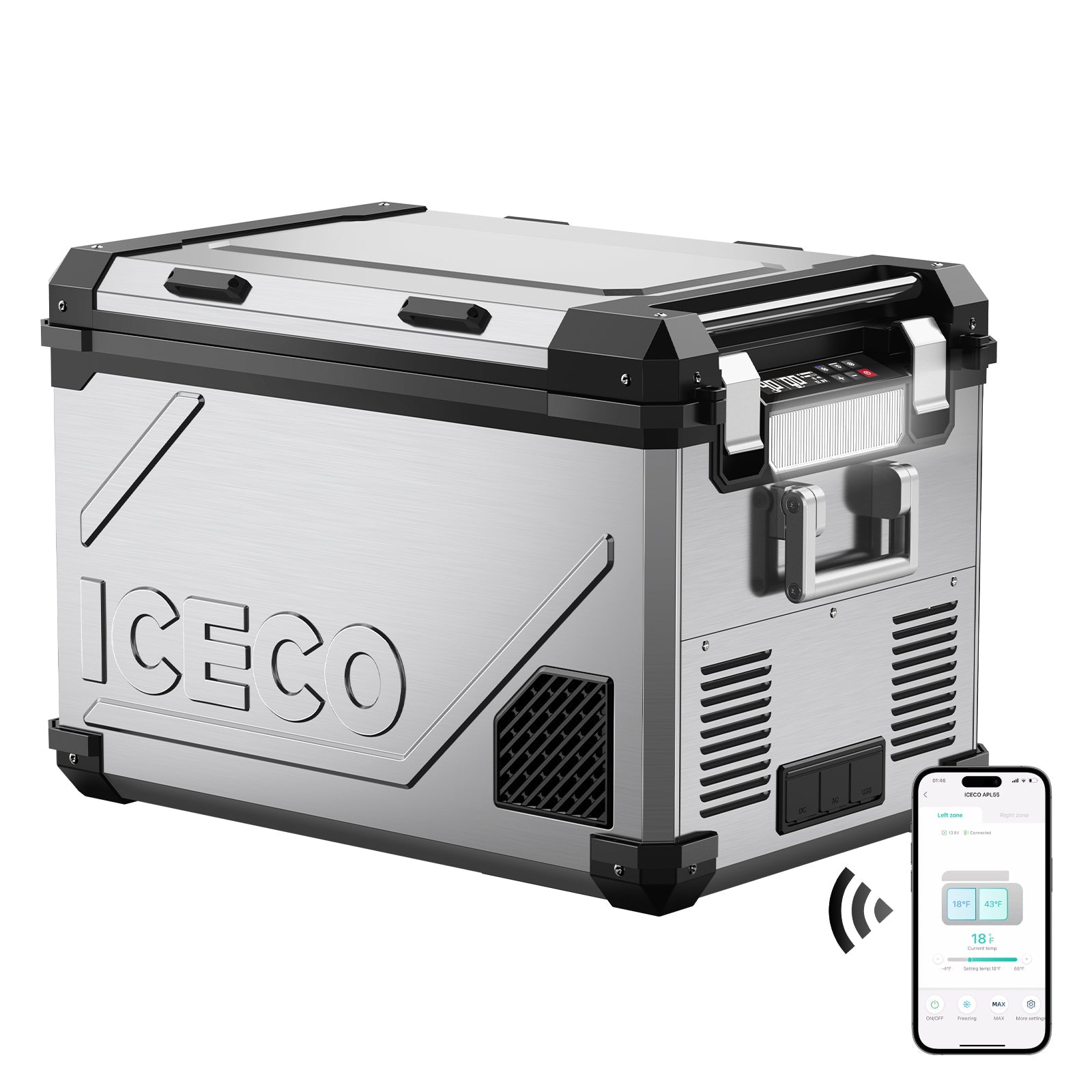APL55-Silver Power Combo Dual Zone 12 Volt Fridge with Magnetic Battery |  ICECO