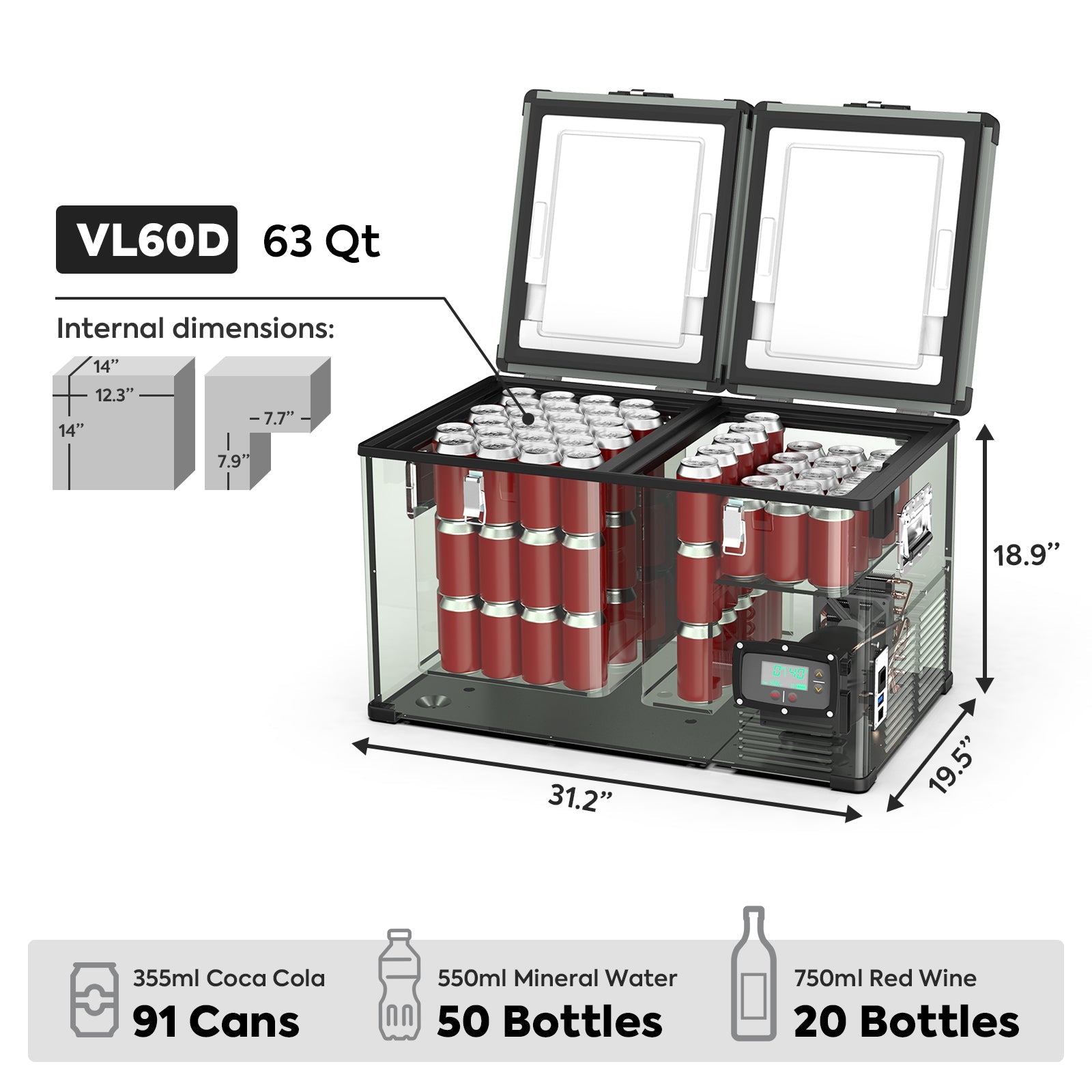 63.4QT VL60 Dual Zone Metal Fridge Freezer with Cover | ICECO